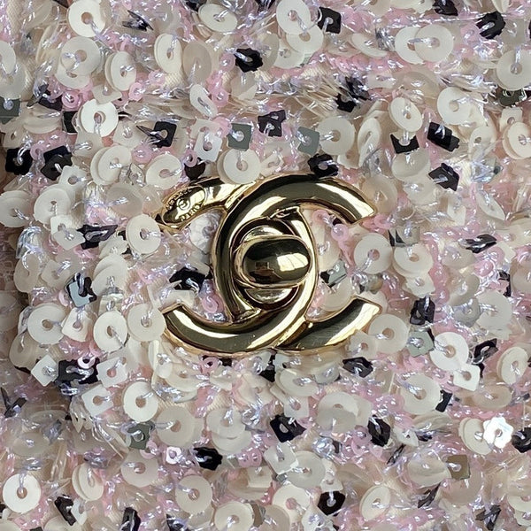 Borsa con patta CC 24K 20 cm in pelle di agnello beige con paillettes bianche e rosa 