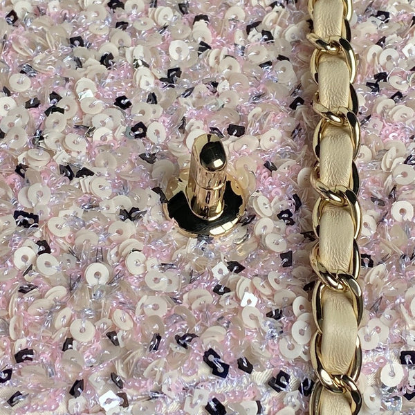 Borsa con patta CC 24K 20 cm in pelle di agnello beige con paillettes bianche e rosa 