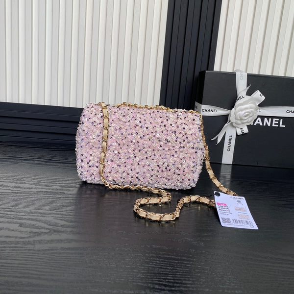 Borsa con patta CC 24K 20 cm in pelle di agnello beige con paillettes bianche e rosa 