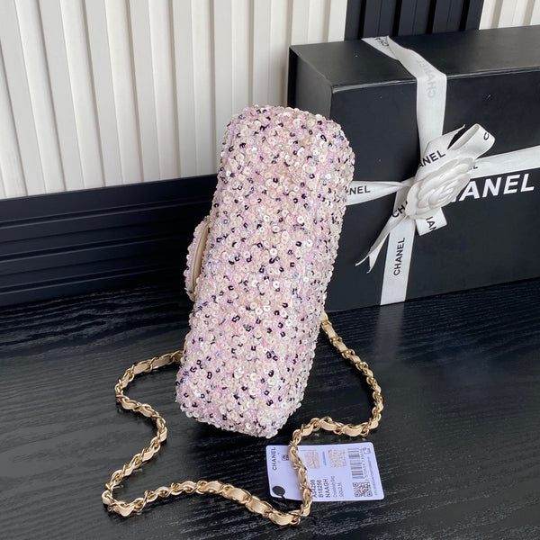 Borsa con patta CC 24K 20 cm in pelle di agnello beige con paillettes bianche e rosa 