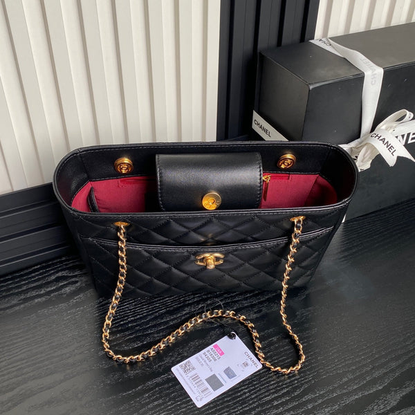 24K Shopping Bag 28cm Black Calfskin Gold Hardware