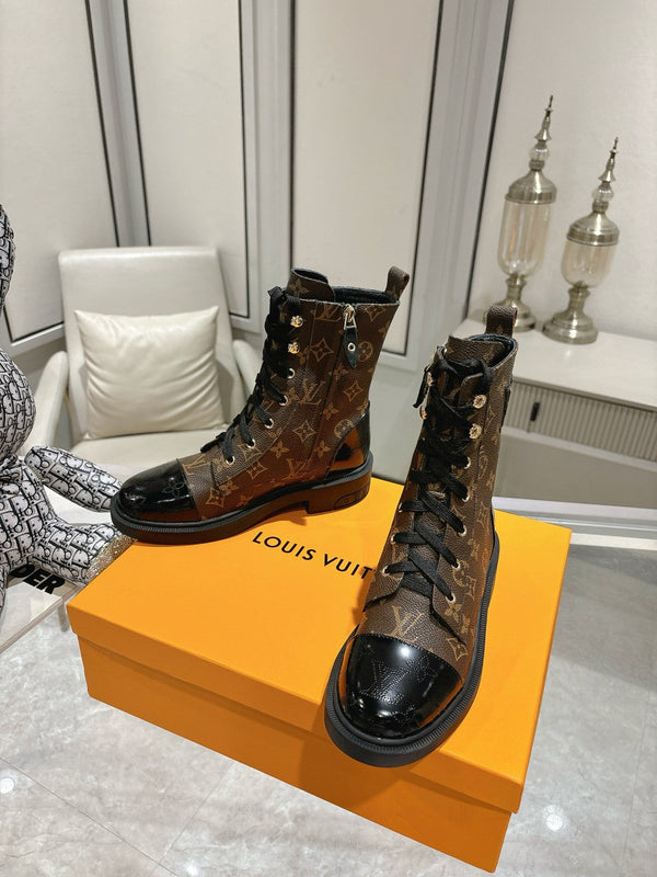 Stivali LV Citizen Flat Ranger in pelle bovina monogramma marrone scuro