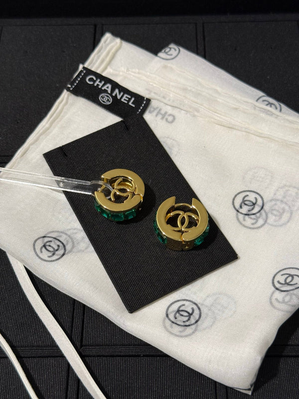 Chanel 2026 Emerald Square Diamond Gold Double C Hoop Earrings Stud Earrings