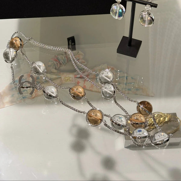 CC 2026 Transparent Crystal Ball Planet Silver Double C Long Necklace