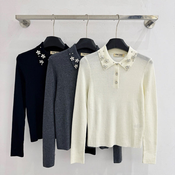 Miumiu 2025 Beaded Collar Long-Sleeve Knit Sweate Wool