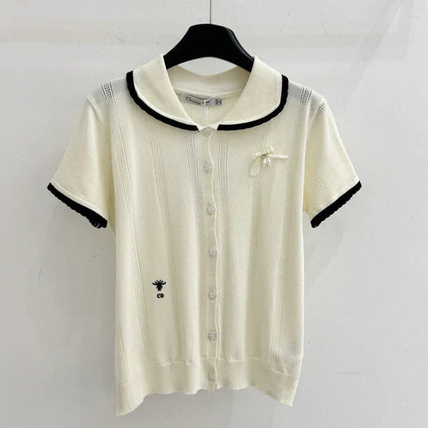 CD 2026 Collared Knit Short-Sleeve T-Shirt Cream Wool 455393