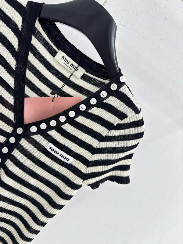 Miu 2026 Half-button Striped Knit Top Black White Wool 521196