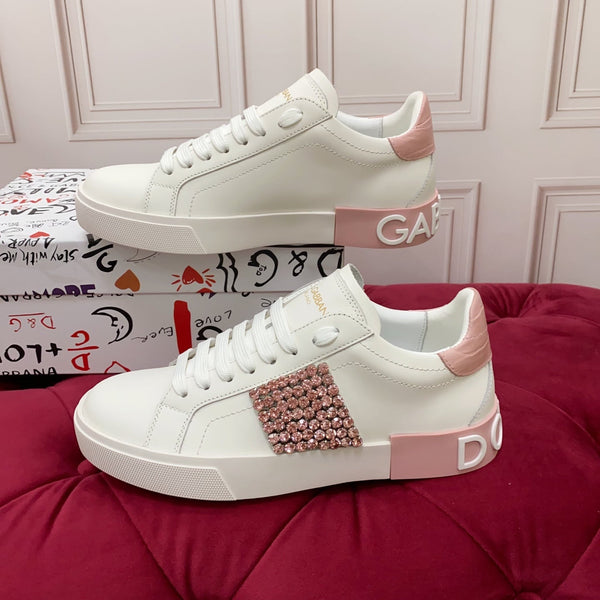 DC 25 Portofino Vintage Sneakers Pink White Cowhide & Rhinestone Silk 333877
