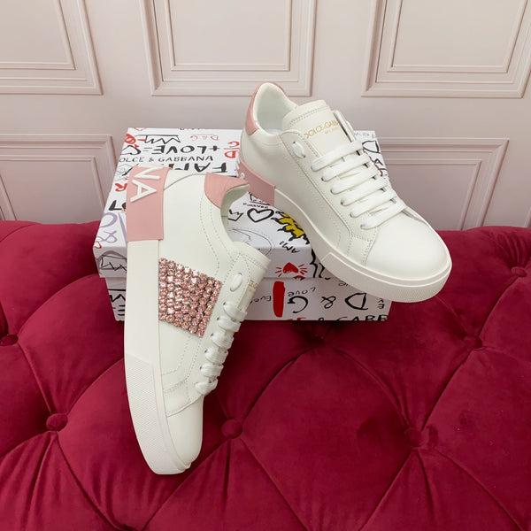 DC 25 Portofino Vintage Sneakers Pink White Cowhide & Rhinestone Silk 333877