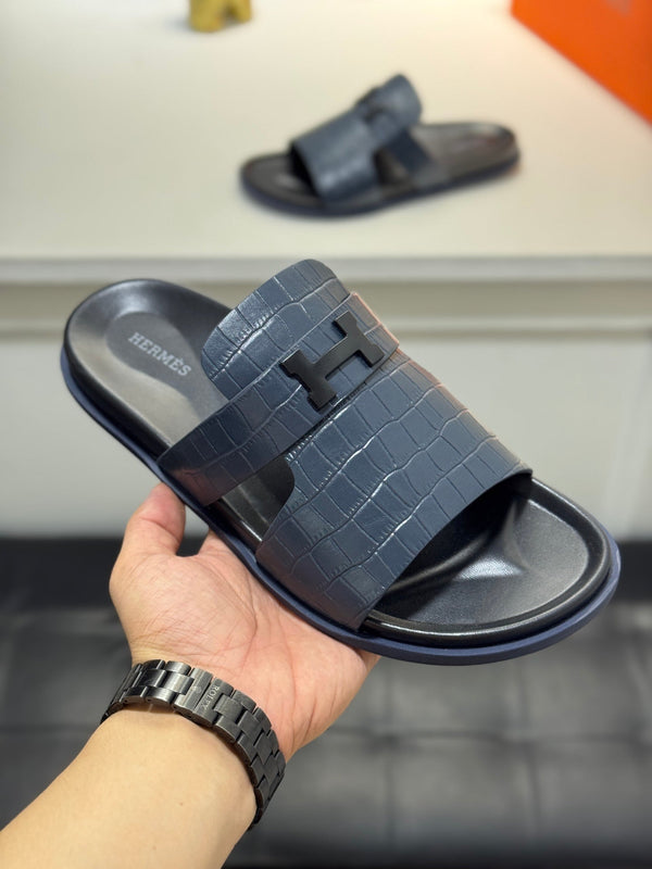 HM Oran H Noir Buckle Slippers in Navy Blue Cowhide 735240