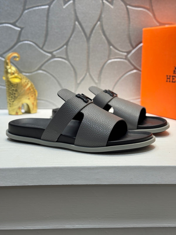 HM Oran H Black Buckle Slippers in Gray Cowhide 735249