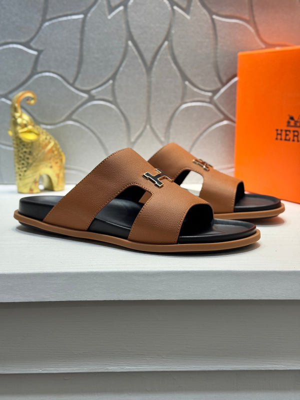 HM Oran H Black Gold Buckle Slippers in Brown Cowhide 735252
