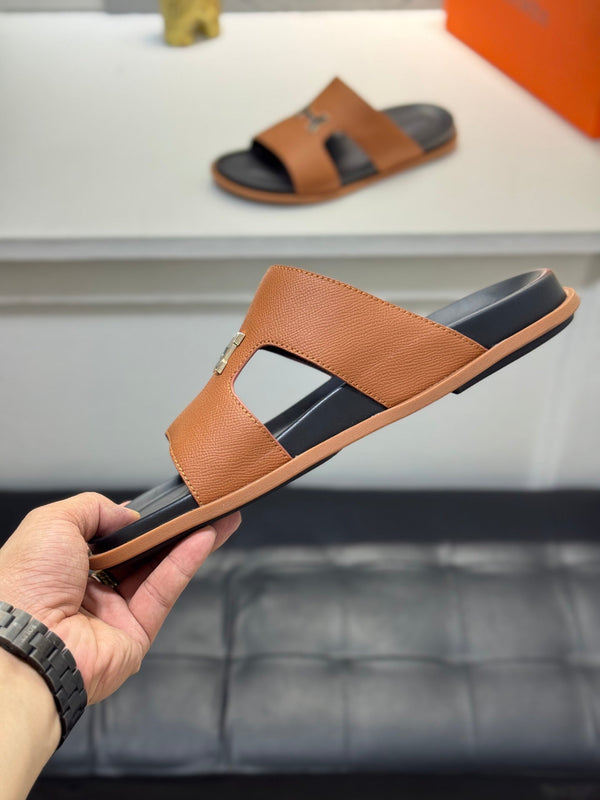 HM Oran H Black Gold Buckle Slippers in Brown Cowhide 735252