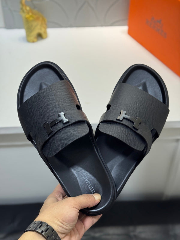 HM Oran H Noir Buckle Slippers in Black  Cowhide 735255