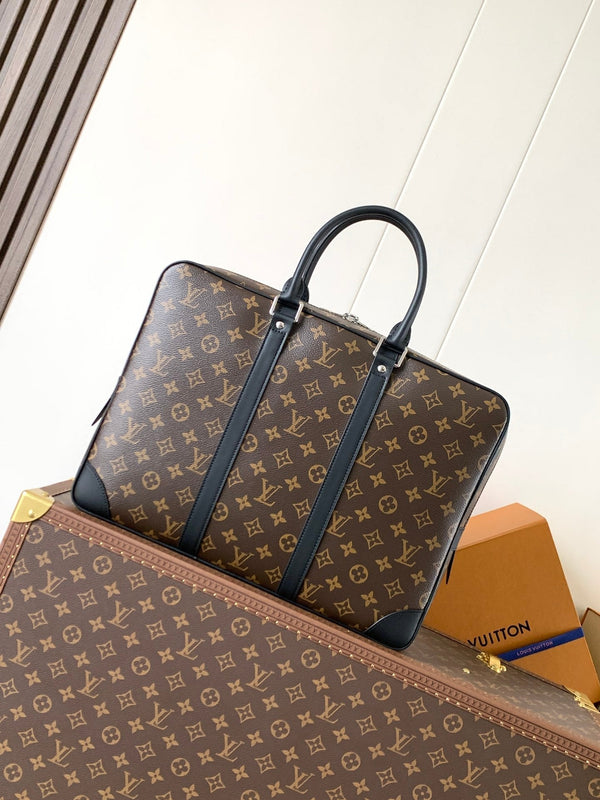 LV Porte-Documents Voyage Marrone Nero Tela Macassar