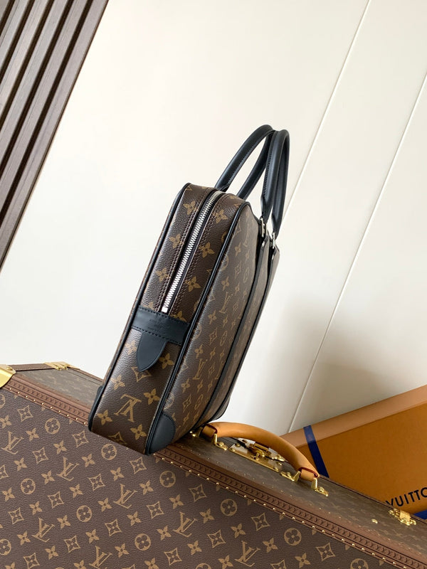 LV Porte-Documents Voyage Marrone Nero Tela Macassar