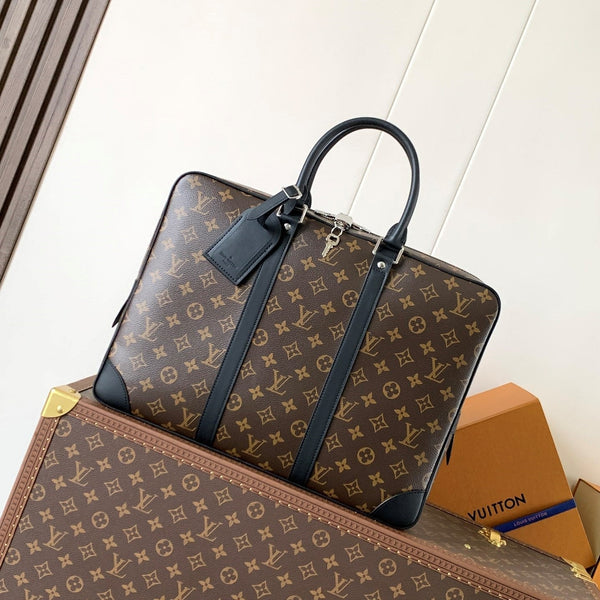 LV Porte-Documents Voyage Marrone Nero Tela Macassar