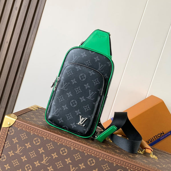 Borsa a tracolla LV Mini Avenue PM 12 cm in tela Monogram Eclipse verde bambù nera