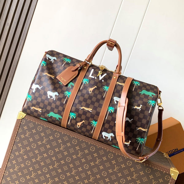 LV Keepall Bandoulière 50 Marrone Tela Monogramma Stampata Animalier
