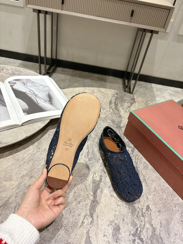 LP hollow knit ballet flats dark blue fabric 379029