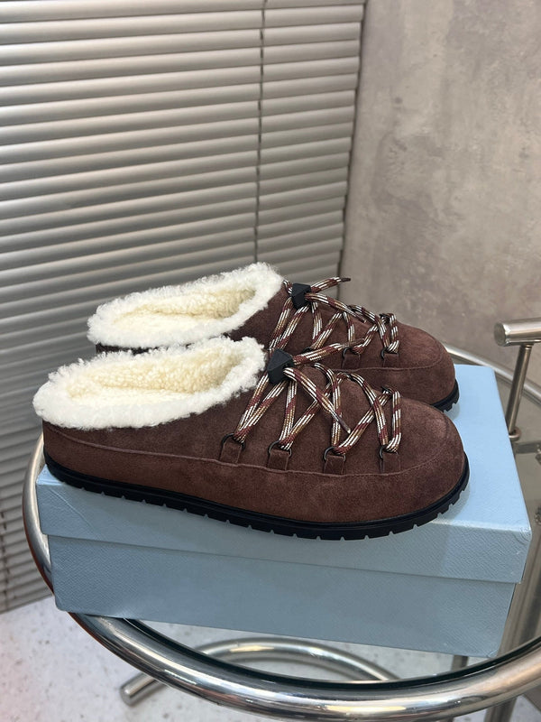 Prad 26s Mules Lace-up Coffe Suede Shearing 952898