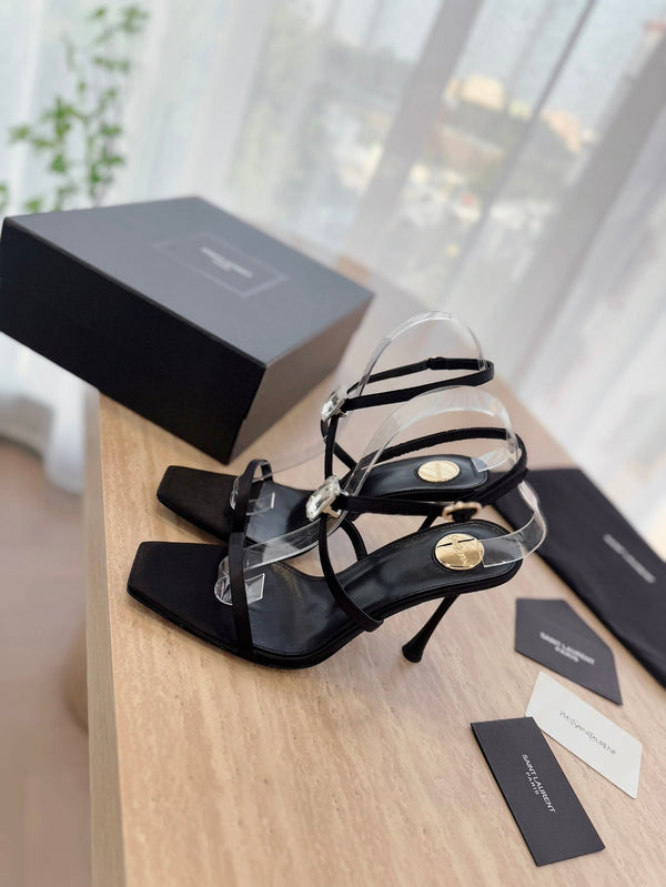 HIGH HEEL SANDAL 10 CM IN BLACK SATIN CREPE AND CRYSTAL