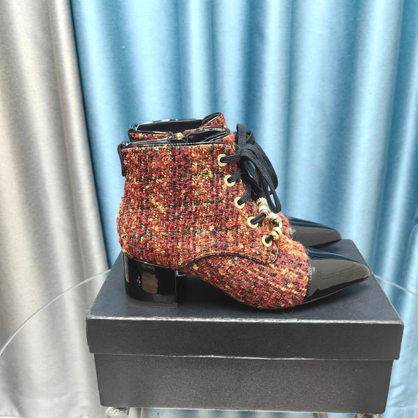 Stivaletti CC in tessuto tweed rosso-arancio e pelle di agnello