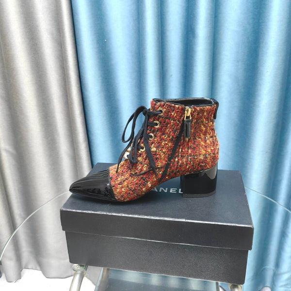 Stivaletti CC in tessuto tweed rosso-arancio e pelle di agnello