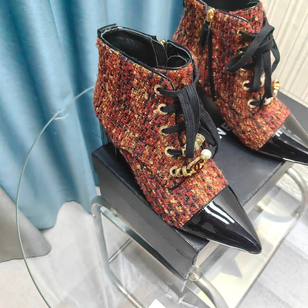 Stivaletti CC in tessuto tweed rosso-arancio e pelle di agnello