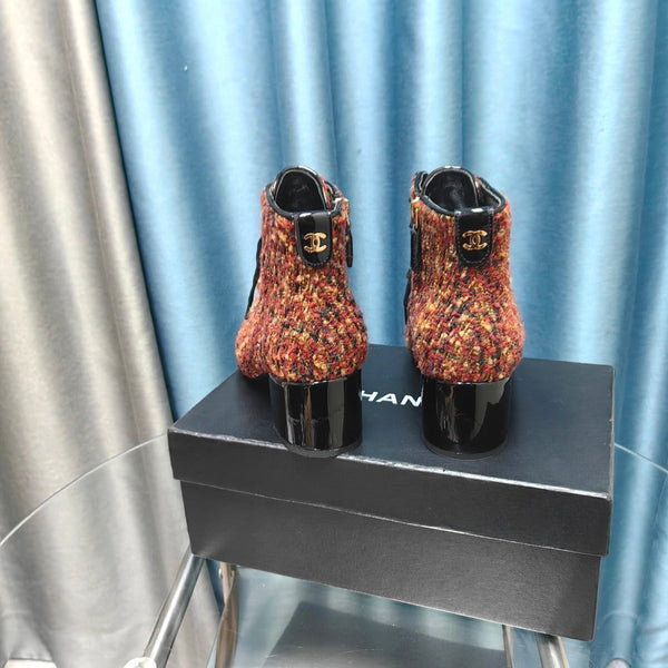 Stivaletti CC in tessuto tweed rosso-arancio e pelle di agnello