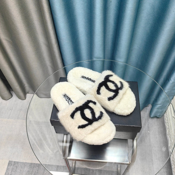 CC Slippers White Black Text Fleece Wool