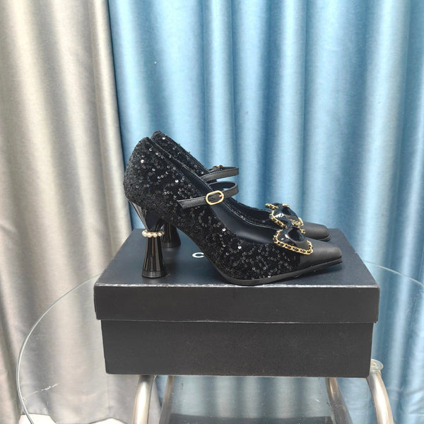 CC High Mary Janes in tessuto con perline nere e pelle di agnello