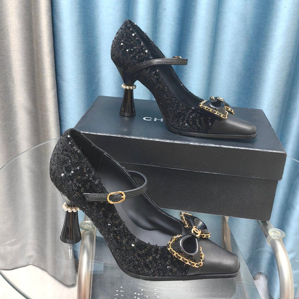CC High Mary Janes in tessuto con perline nere e pelle di agnello