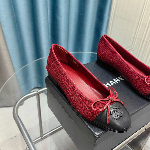CC 25P Ballerina in tweed rosso e pelle di vitello nera