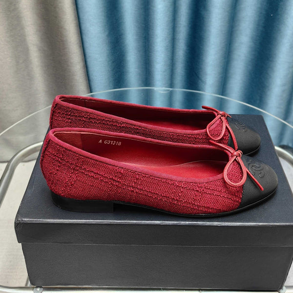 CC 25P Ballerina in tweed rosso e pelle di vitello nera