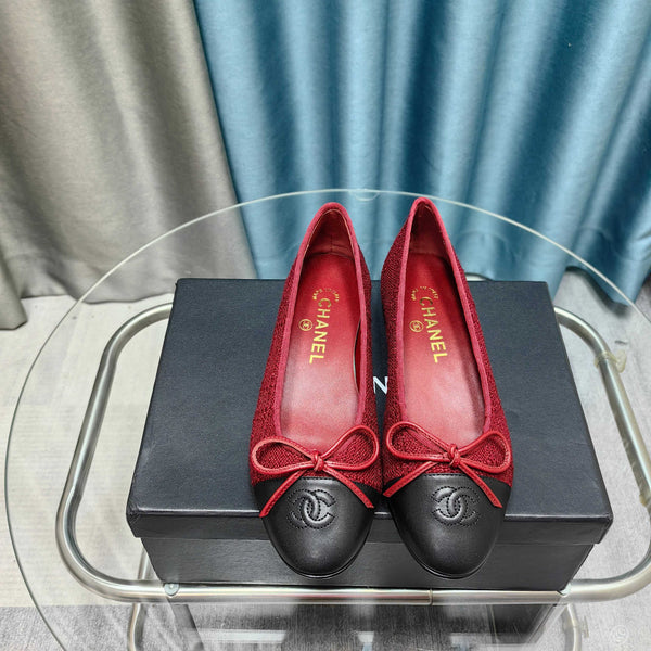 CC 25P Ballerina in tweed rosso e pelle di vitello nera