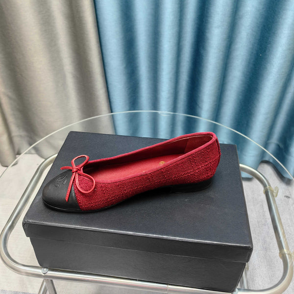 CC 25P Ballerina in tweed rosso e pelle di vitello nera