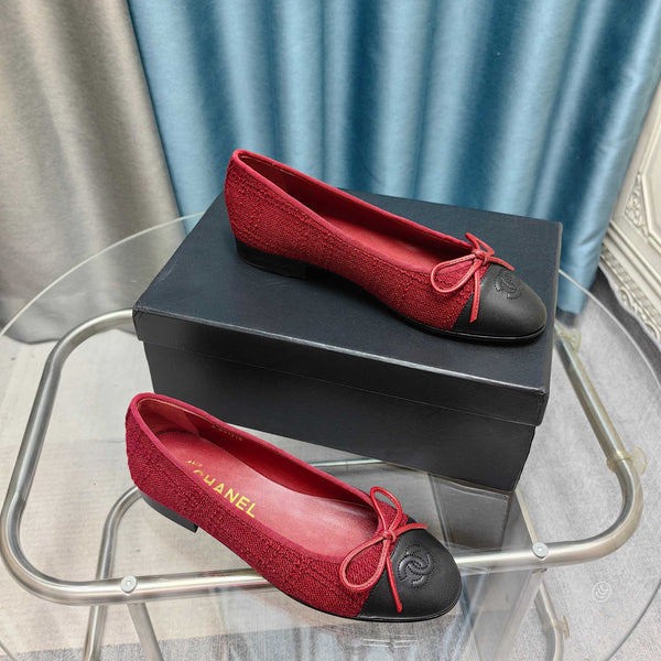 CC 25P Ballerina in tweed rosso e pelle di vitello nera