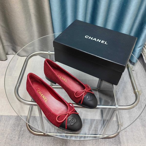 CC 25P Ballerina in tweed rosso e pelle di vitello nera