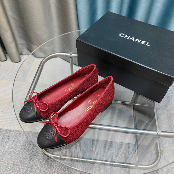 CC 25P Ballerina in tweed rosso e pelle di vitello nera