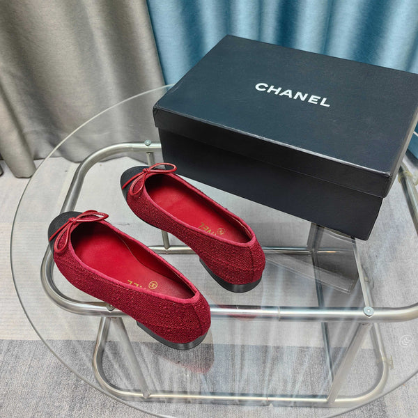 CC 25P Ballerina in tweed rosso e pelle di vitello nera