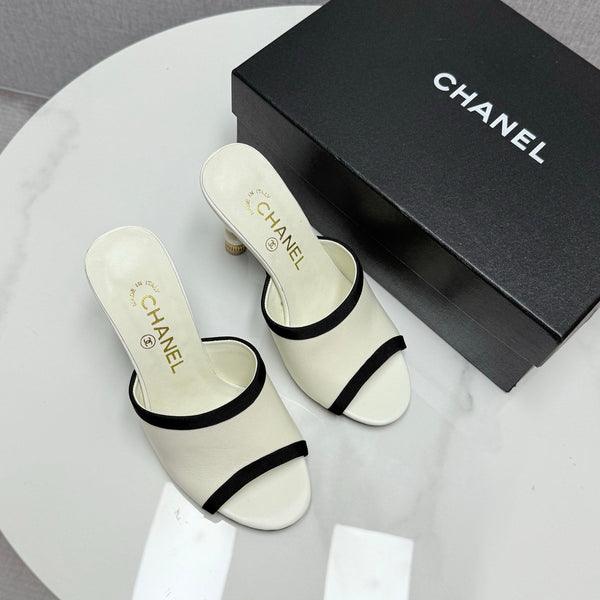 CC 25 High Heel Slippers 85mn White Black Sheepskin 368789