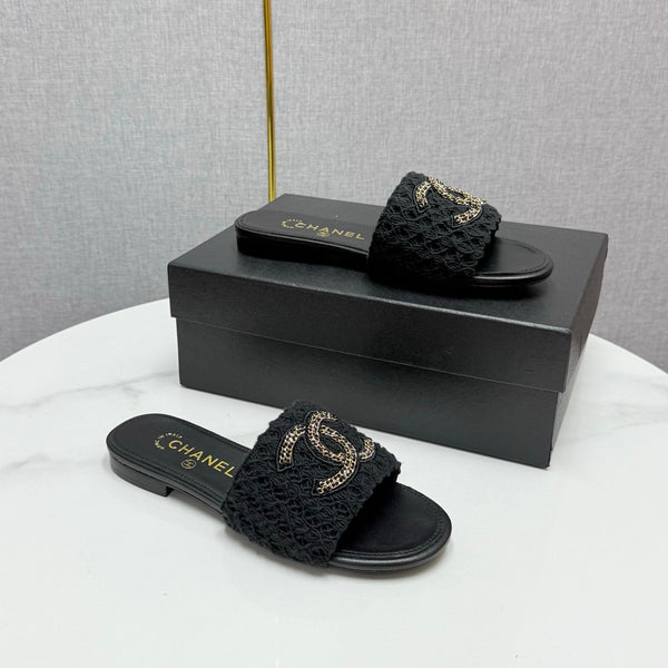 CC Slide Sandals 25s In Black Fabric And Calfskin With Logo