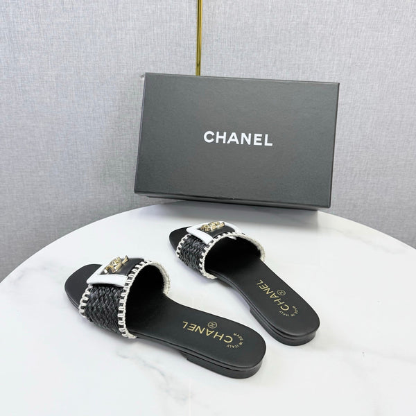 CC 26s Woven Strap Slides Black White Lambskin