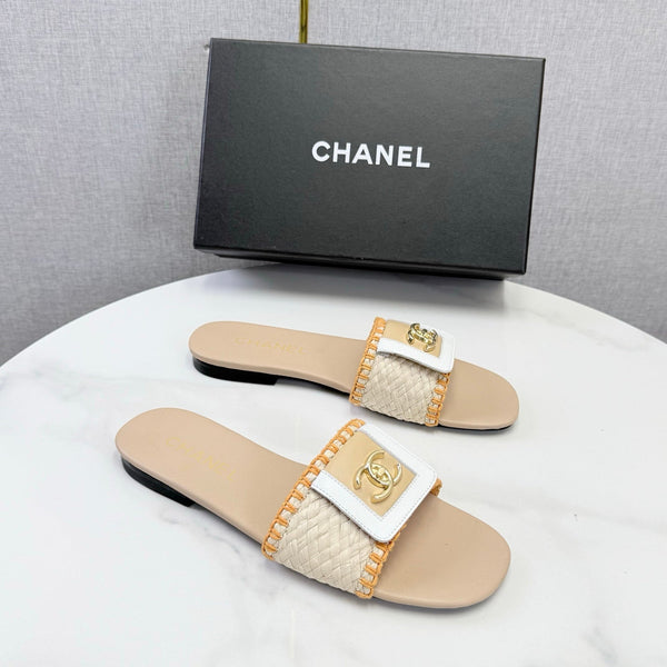 CC 26s Woven Strap Slides Beige Orange Lambskin
