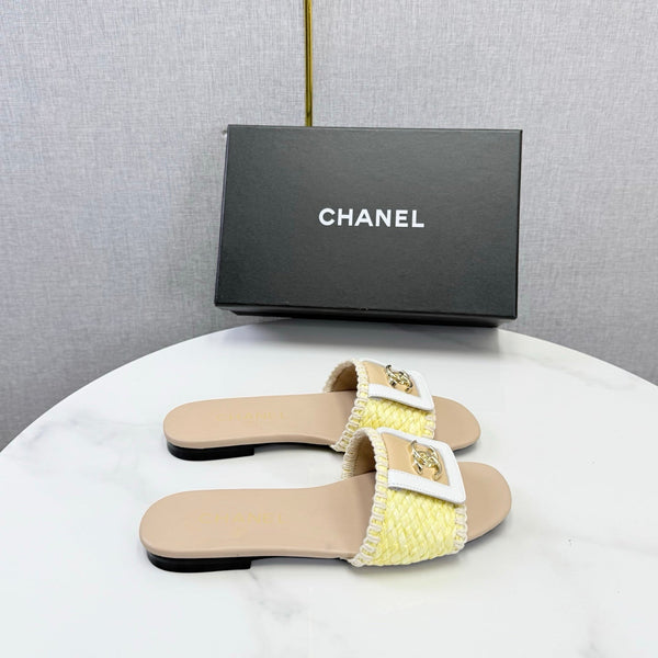 CC 26s Woven Strap Slides Yellow Beige Lambskin