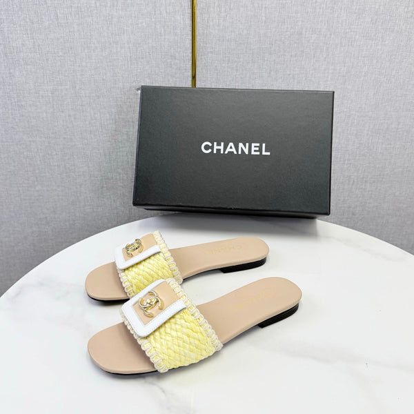 CC 26s Woven Strap Slides Yellow Beige Lambskin