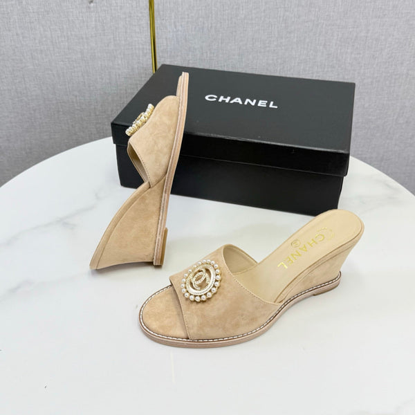 CC 26s Wedge Heels In Beige Suede With Cc Pearl Embellished