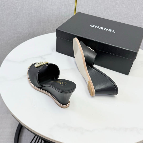 CC 26s Wedge Heels In Black Lambskin With Cc Pearl Embellished