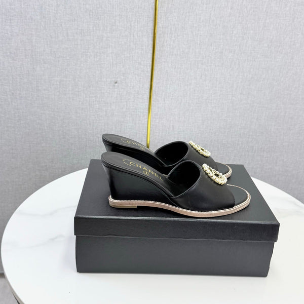 CC 26s Wedge Heels In Black Lambskin With Cc Pearl Embellished